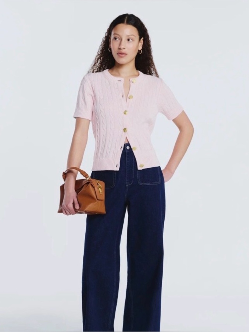 Free Assembly Short Sleeve Pink Canle Sweater with Gold Buttons